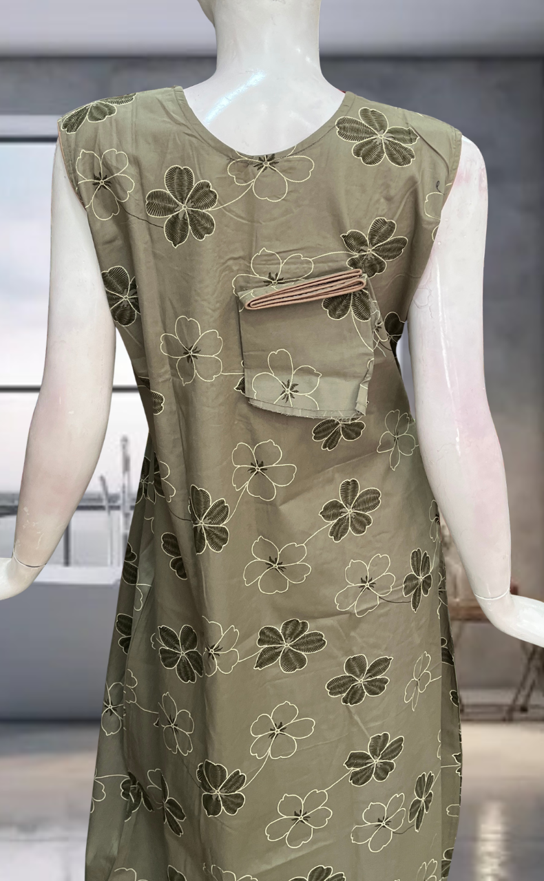 Light Green Floral Pure Cotton Sleeveless Nighty. Pure Durable Cotton | Laces and Frills