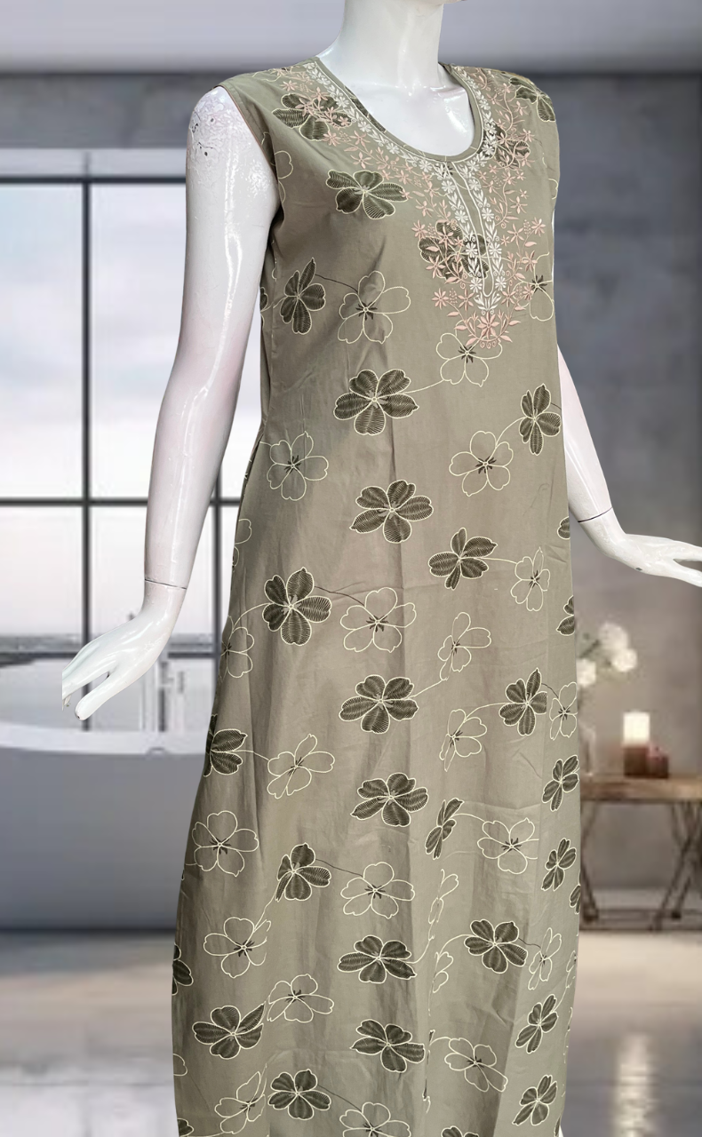 Light Green Floral Pure Cotton Sleeveless Nighty. Pure Durable Cotton | Laces and Frills