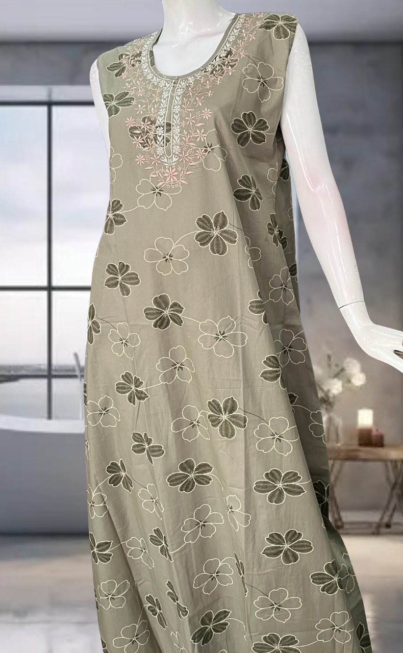 Light Green Floral Pure Cotton Sleeveless Nighty. Pure Durable Cotton | Laces and Frills