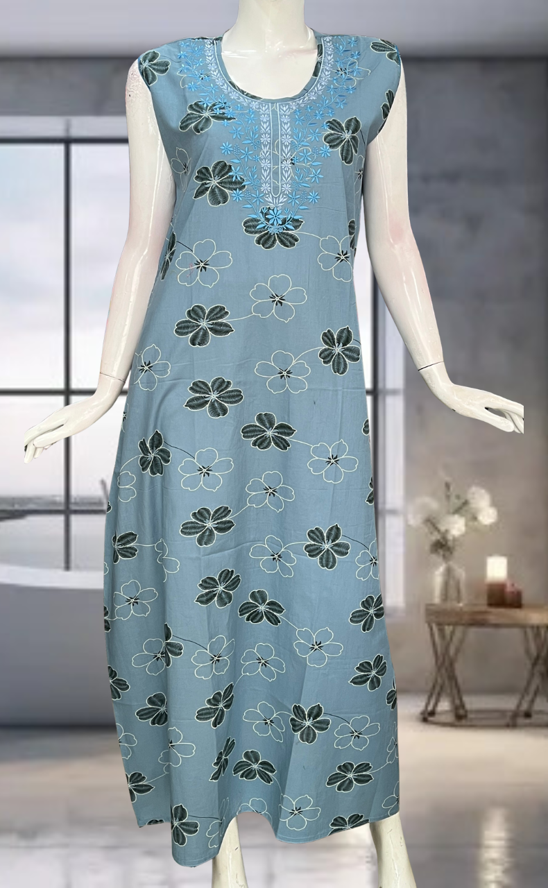 Blue Floral Pure Cotton Sleeveless Nighty. Pure Durable Cotton | Laces and Frills