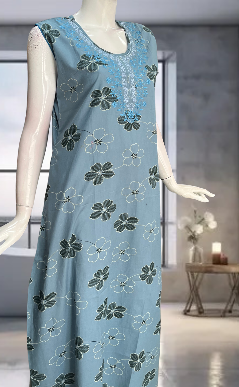 Blue Floral Pure Cotton Sleeveless Nighty. Pure Durable Cotton | Laces and Frills