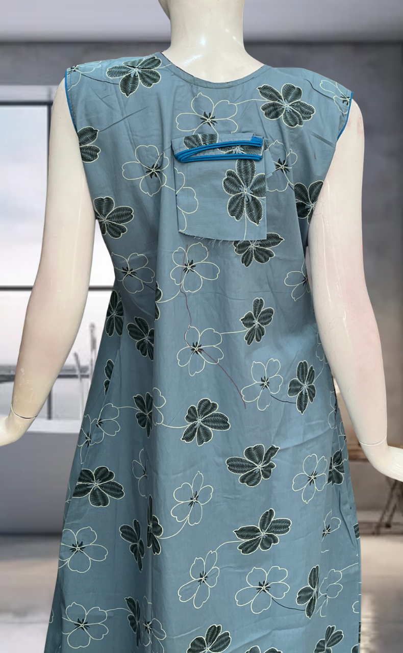 Blue Floral Pure Cotton Sleeveless Nighty. Pure Durable Cotton | Laces and Frills
