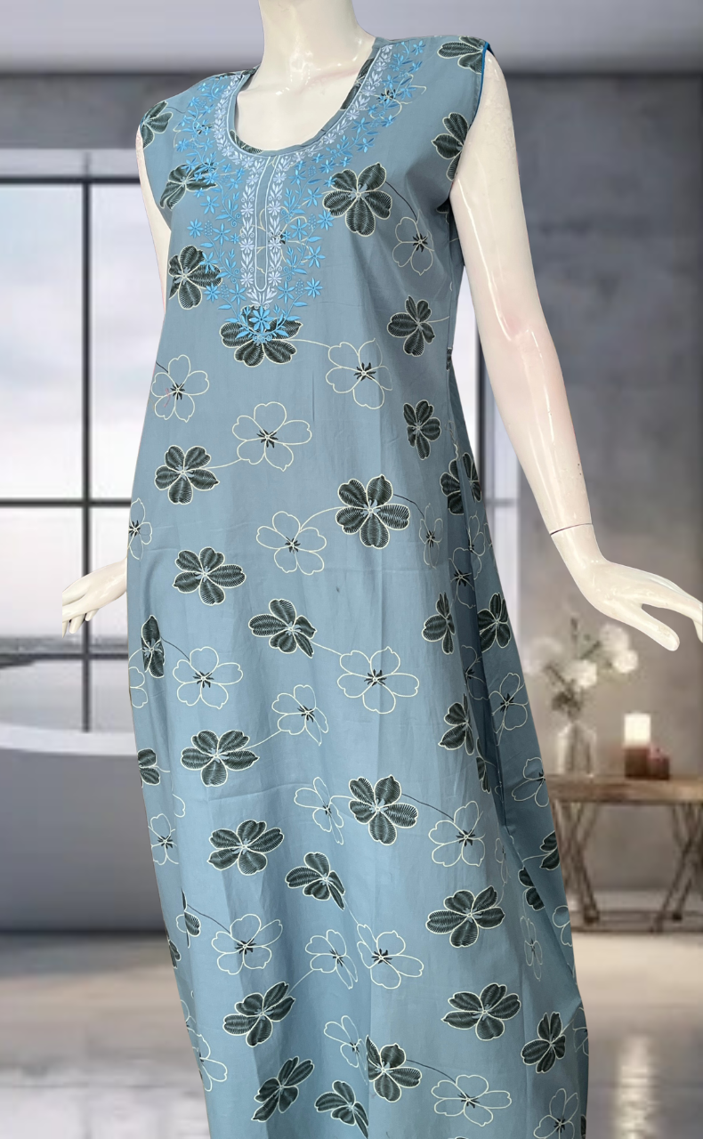 Blue Floral Pure Cotton Sleeveless Nighty. Pure Durable Cotton | Laces and Frills