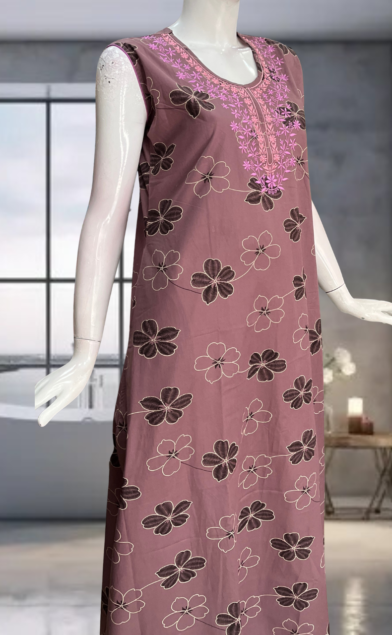 Pink Floral Pure Cotton Sleeveless Nighty. Pure Durable Cotton | Laces and Frills