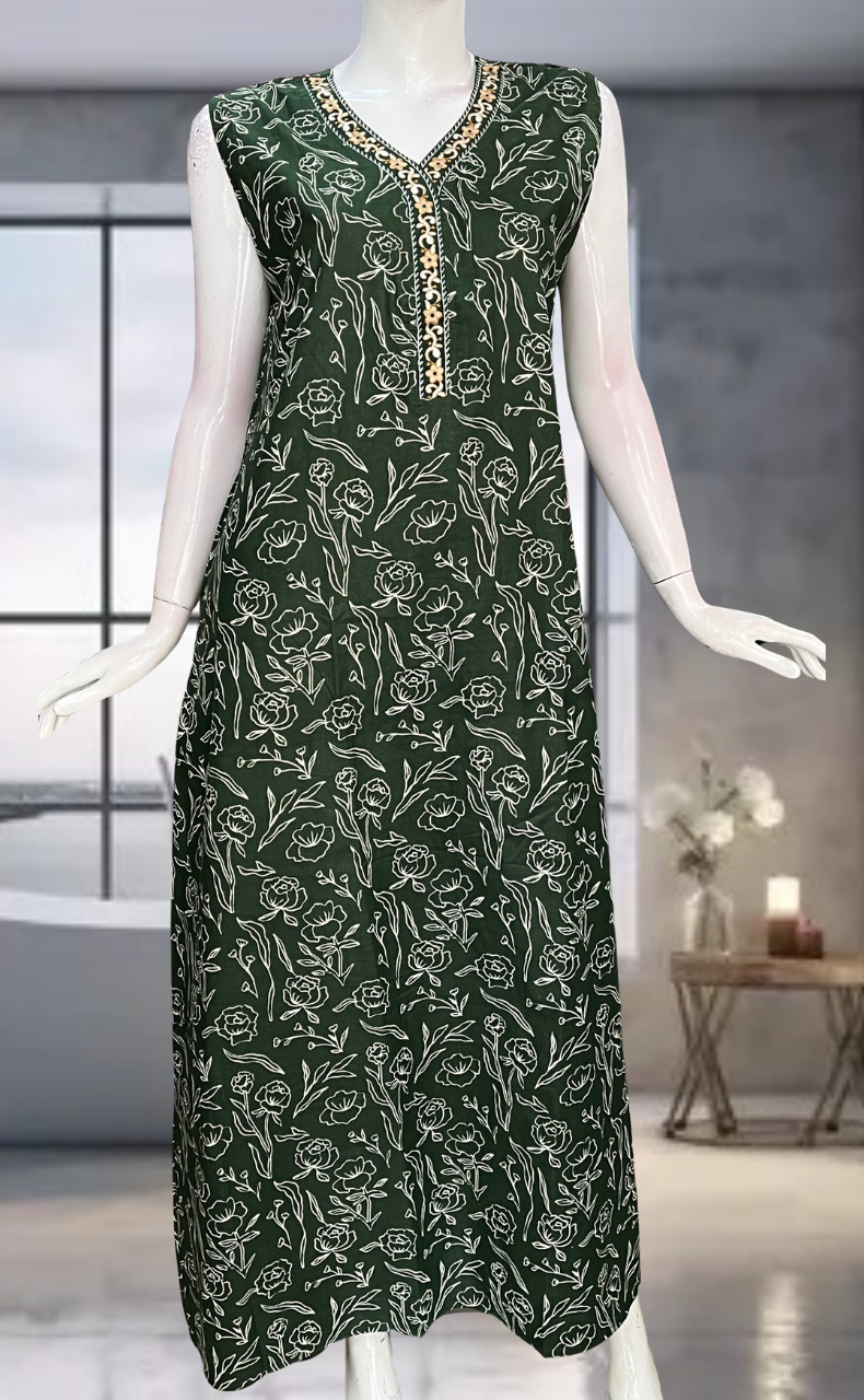 Bottle Green Floral Pure Cotton Sleeveless Nighty. Pure Durable Cotton | Laces and Frills