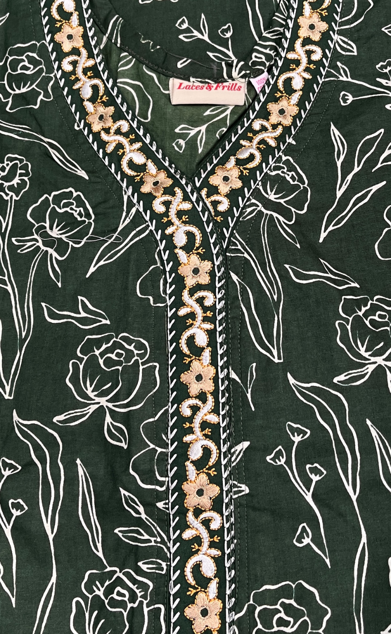 Bottle Green Floral Pure Cotton Sleeveless Nighty. Pure Durable Cotton | Laces and Frills