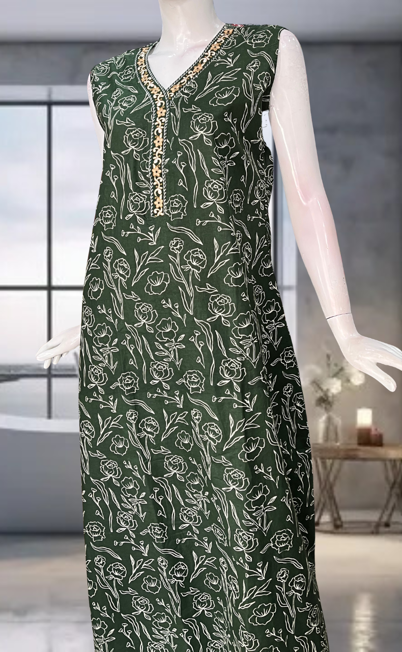 Bottle Green Floral Pure Cotton Sleeveless Nighty. Pure Durable Cotton | Laces and Frills