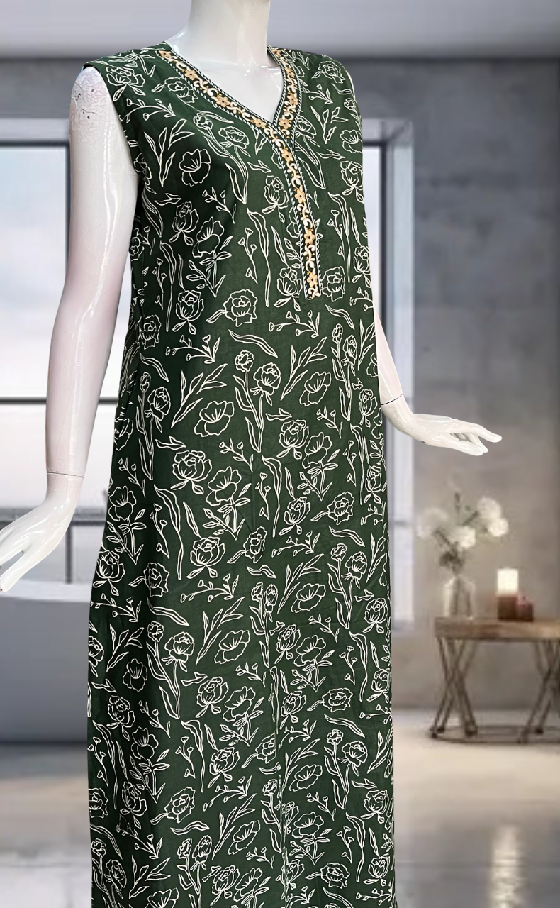 Bottle Green Floral Pure Cotton Sleeveless Nighty. Pure Durable Cotton | Laces and Frills