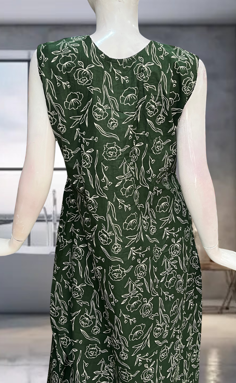 Bottle Green Floral Pure Cotton Sleeveless Nighty. Pure Durable Cotton | Laces and Frills