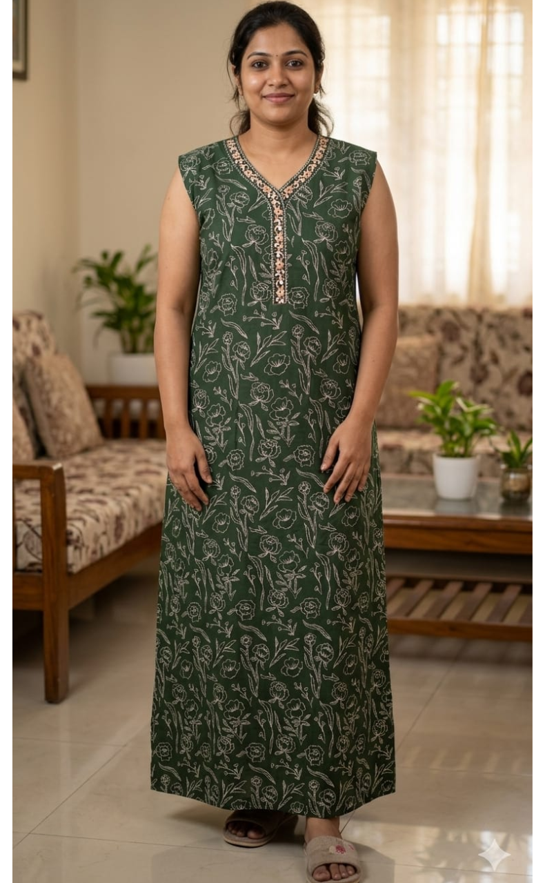 Bottle Green Floral Pure Cotton Sleeveless Nighty. Pure Durable Cotton | Laces and Frills