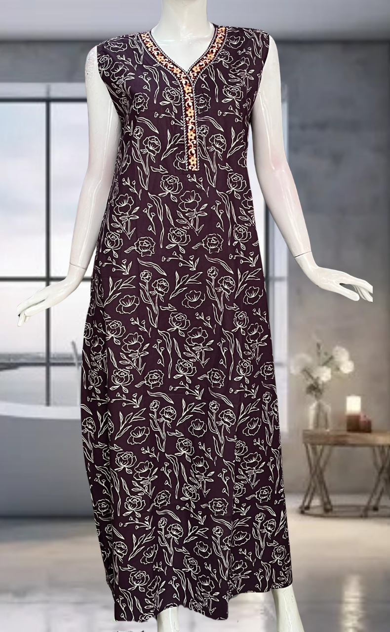 Violet Floral Pure Cotton Sleeveless Nighty. Pure Durable Cotton | Laces and Frills