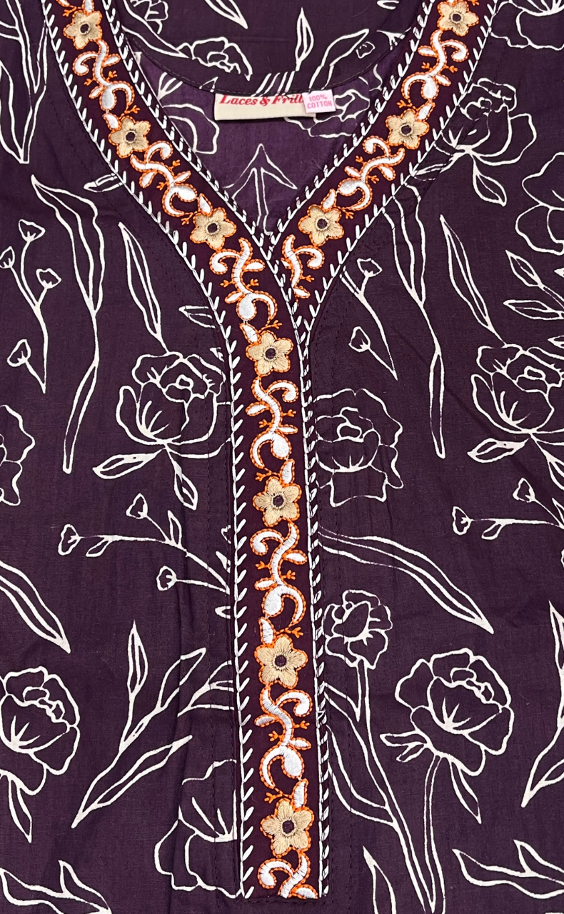 Violet Floral Pure Cotton Sleeveless Nighty. Pure Durable Cotton | Laces and Frills