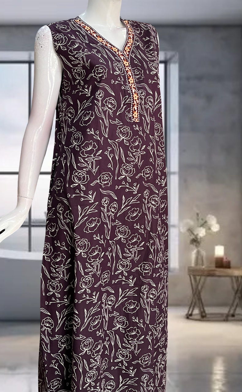 Violet Floral Pure Cotton Sleeveless Nighty. Pure Durable Cotton | Laces and Frills