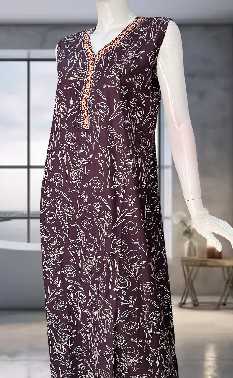 Violet Floral Pure Cotton Sleeveless Nighty. Pure Durable Cotton | Laces and Frills
