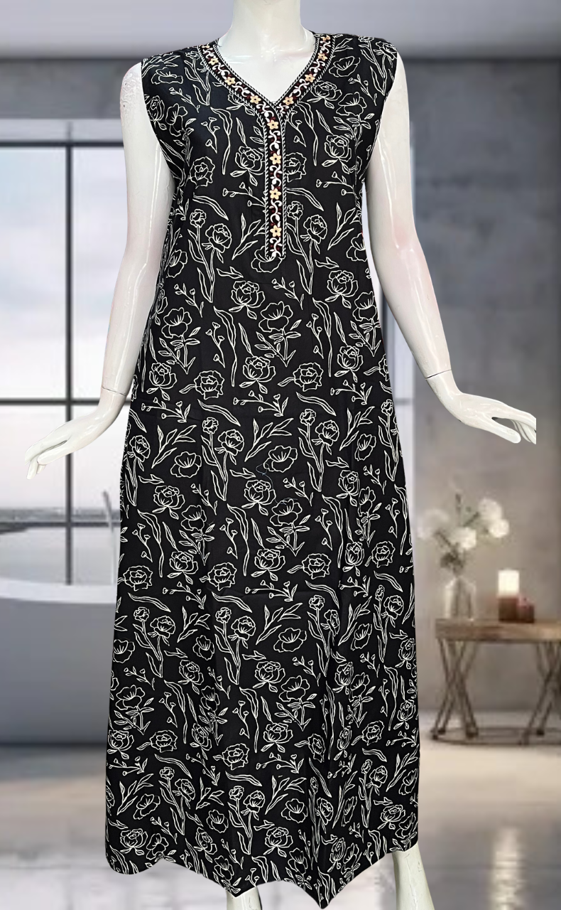 Black Floral Pure Cotton Sleeveless Nighty. Pure Durable Cotton | Laces and Frills