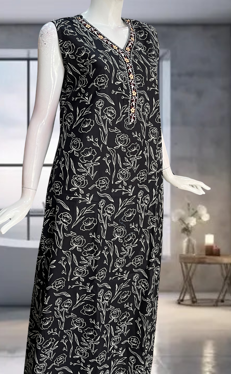 Black Floral Pure Cotton Sleeveless Nighty. Pure Durable Cotton | Laces and Frills
