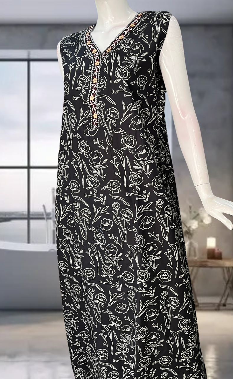 Black Floral Pure Cotton Sleeveless Nighty. Pure Durable Cotton | Laces and Frills