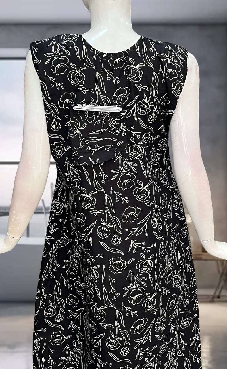 Black Floral Pure Cotton Sleeveless Nighty. Pure Durable Cotton | Laces and Frills
