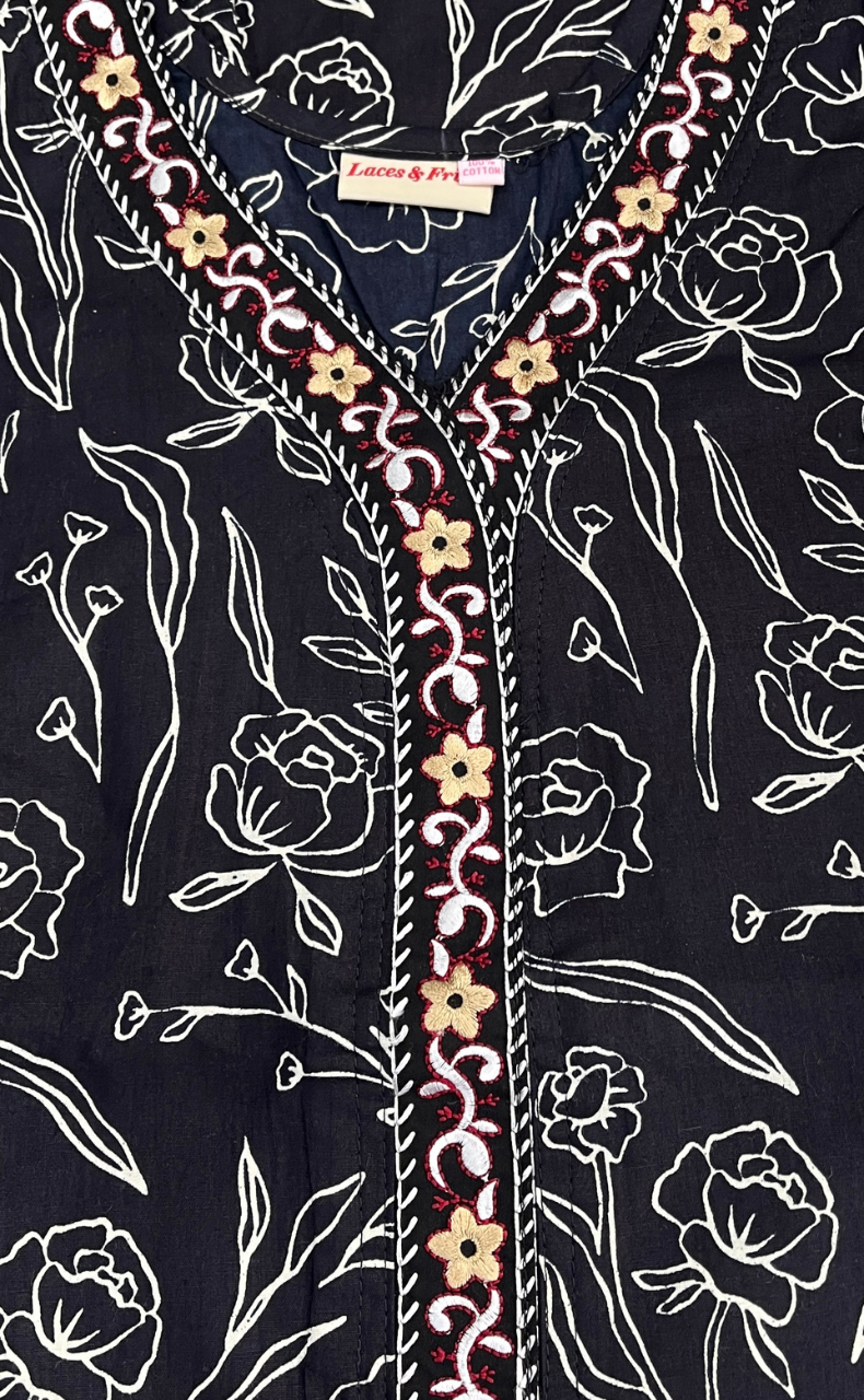 Black Floral Pure Cotton Sleeveless Nighty. Pure Durable Cotton | Laces and Frills