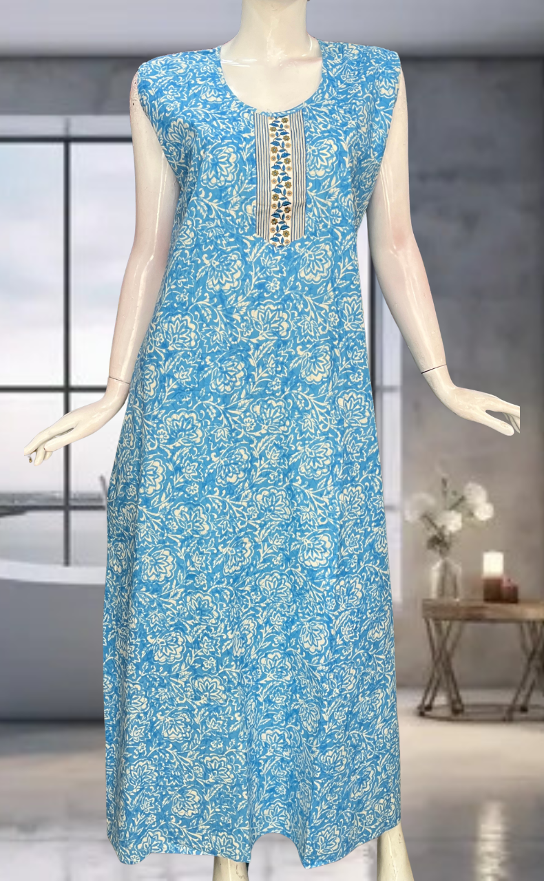 Light Blue Floral Pure Cotton Sleeveless Nighty. Pure Durable Cotton | Laces and Frills