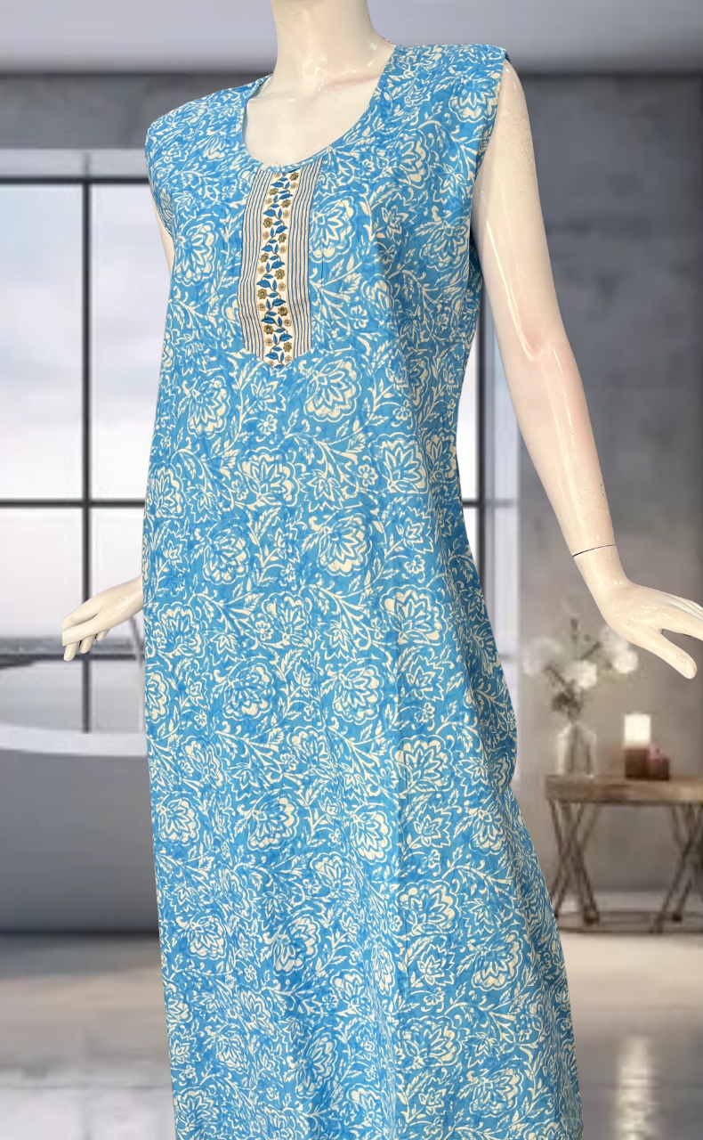 Light Blue Floral Pure Cotton Sleeveless Nighty. Pure Durable Cotton | Laces and Frills