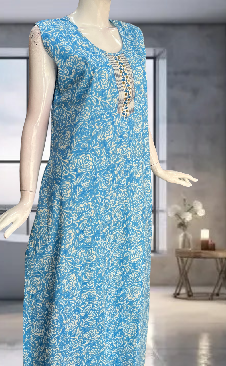 Light Blue Floral Pure Cotton Sleeveless Nighty. Pure Durable Cotton | Laces and Frills