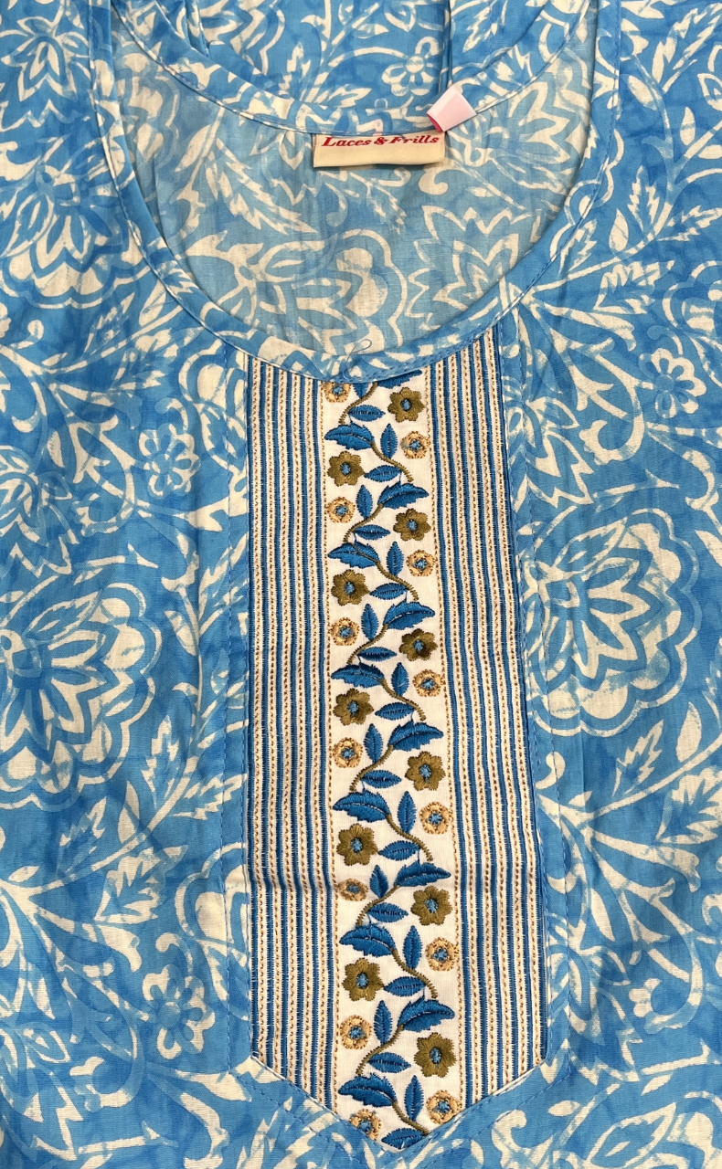 Light Blue Floral Pure Cotton Sleeveless Nighty. Pure Durable Cotton | Laces and Frills