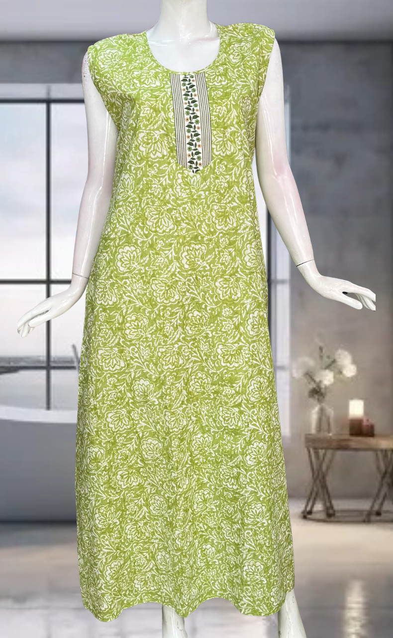 Green Floral Pure Cotton Sleeveless Nighty. Pure Durable Cotton | Laces and Frills