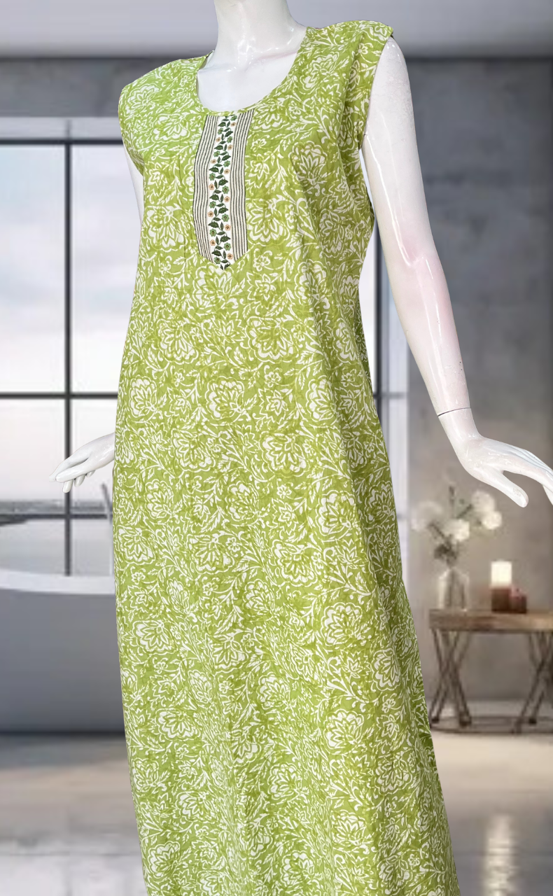 Green Floral Pure Cotton Sleeveless Nighty. Pure Durable Cotton | Laces and Frills