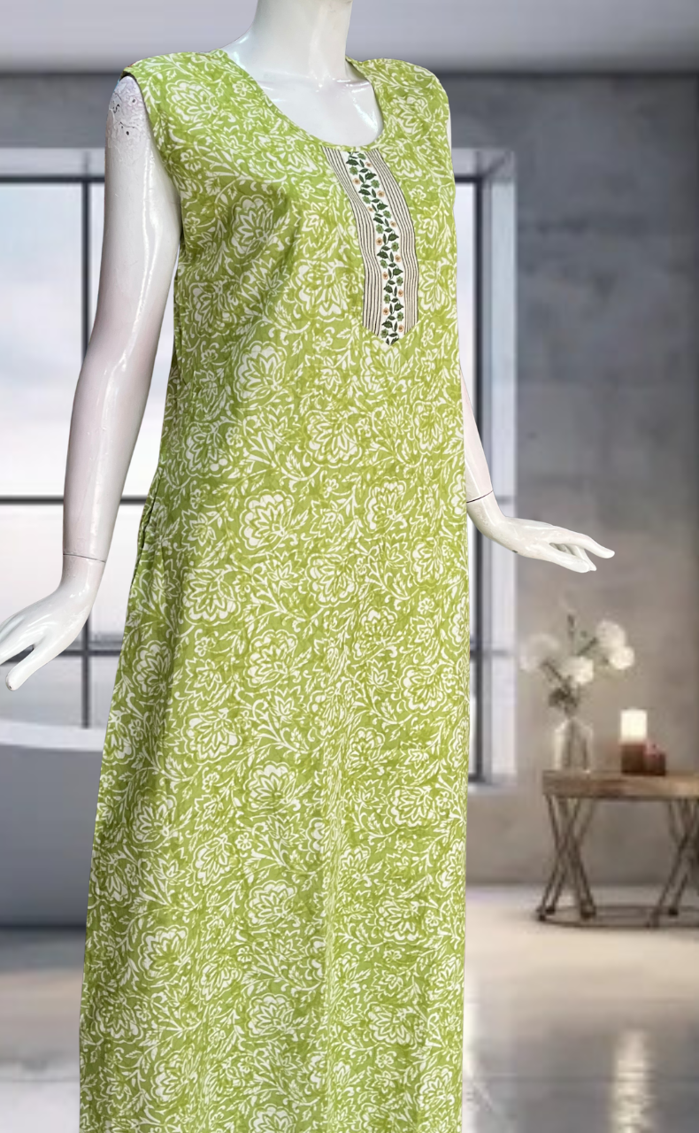 Green Floral Pure Cotton Sleeveless Nighty. Pure Durable Cotton | Laces and Frills
