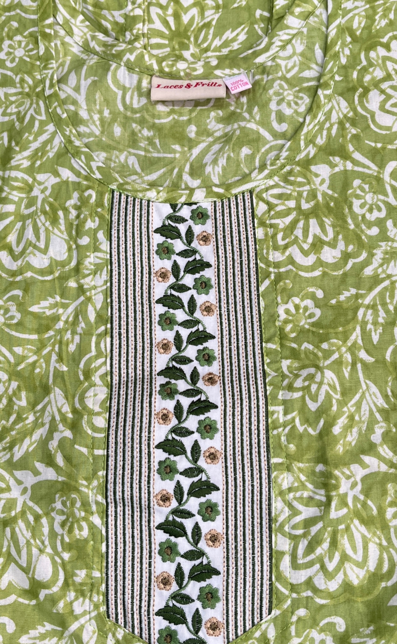 Green Floral Pure Cotton Sleeveless Nighty. Pure Durable Cotton | Laces and Frills