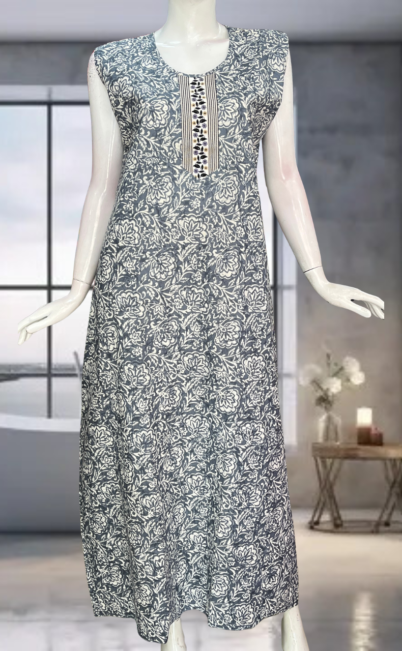 Grey Floral Pure Cotton Sleeveless Nighty. Pure Durable Cotton | Laces and Frills