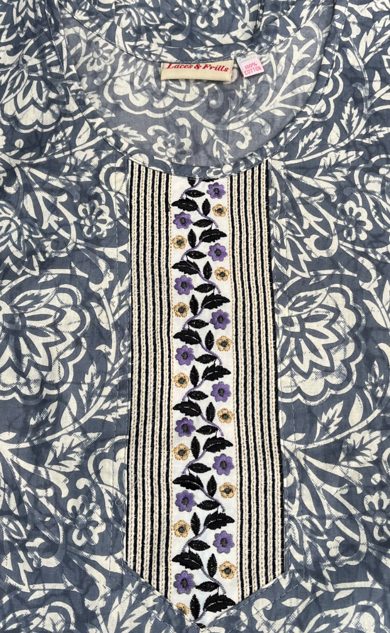 Grey Floral Pure Cotton Sleeveless Nighty. Pure Durable Cotton | Laces and Frills