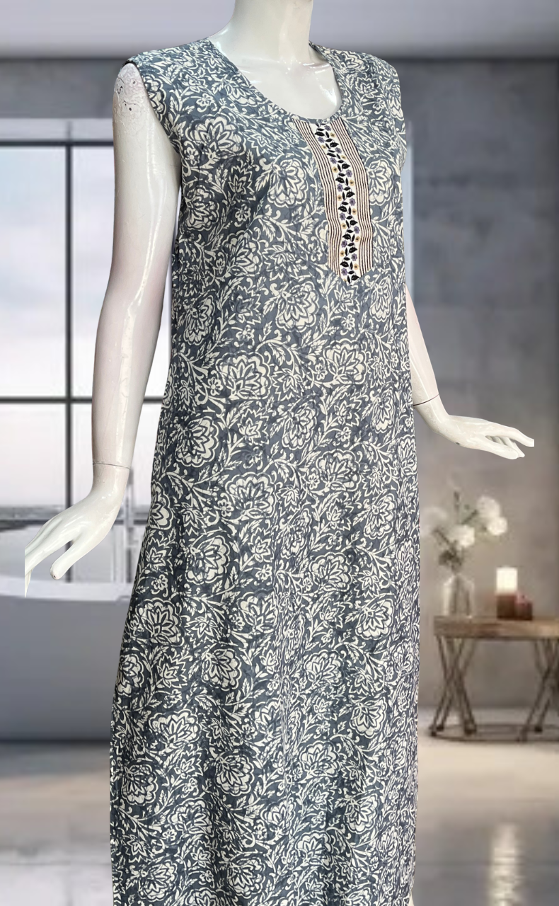 Grey Floral Pure Cotton Sleeveless Nighty. Pure Durable Cotton | Laces and Frills