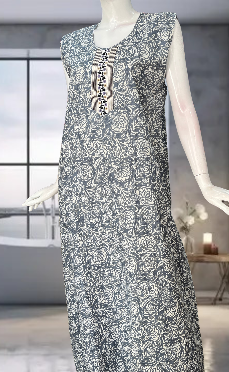Grey Floral Pure Cotton Sleeveless Nighty. Pure Durable Cotton | Laces and Frills