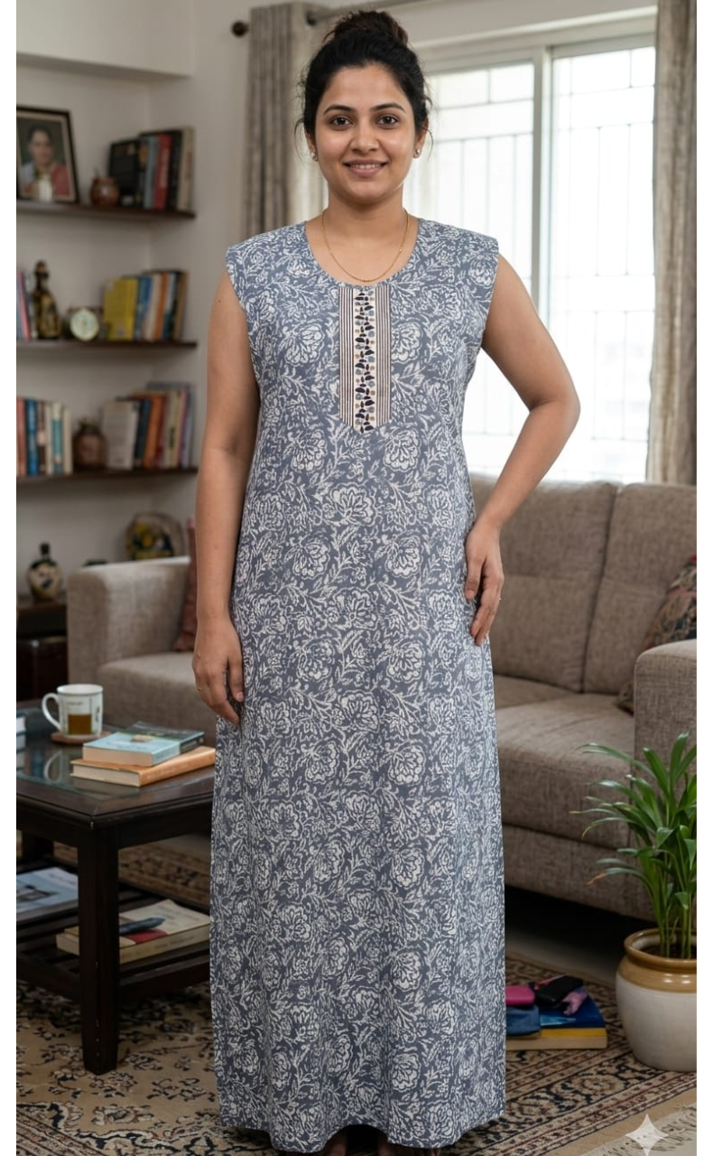 Grey Floral Pure Cotton Sleeveless Nighty. Pure Durable Cotton | Laces and Frills