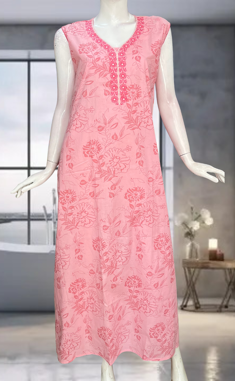 Pink Floral Pure Cotton Sleeveless Nighty. Pure Durable Cotton | Laces and Frills