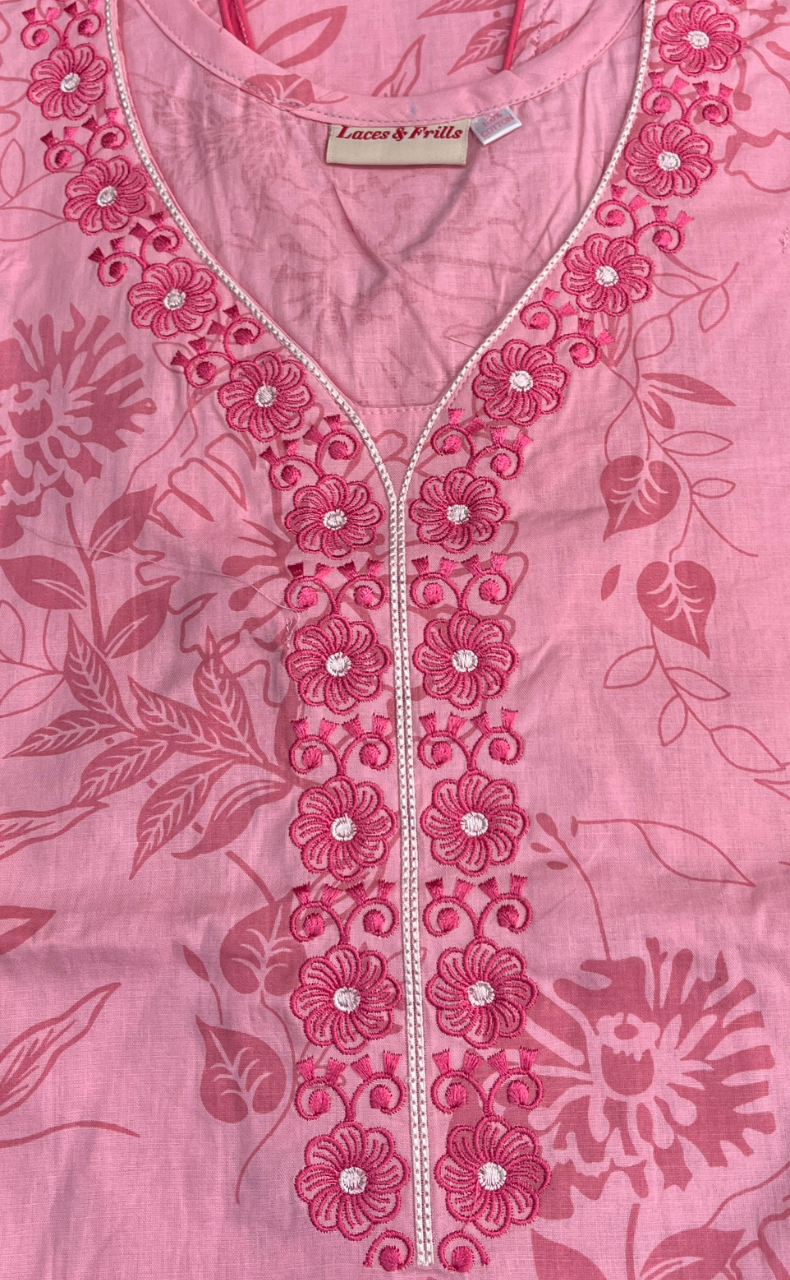 Pink Floral Pure Cotton Sleeveless Nighty. Pure Durable Cotton | Laces and Frills