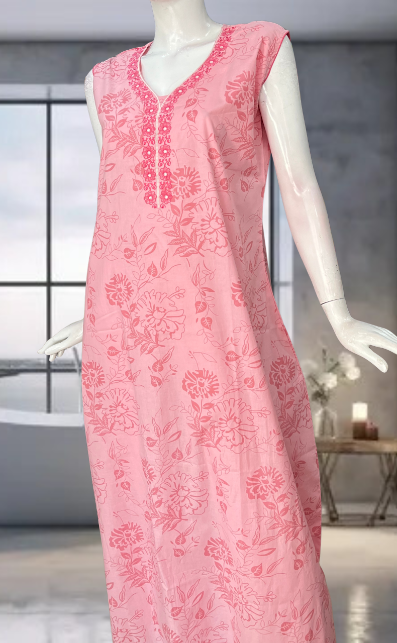 Pink Floral Pure Cotton Sleeveless Nighty. Pure Durable Cotton | Laces and Frills