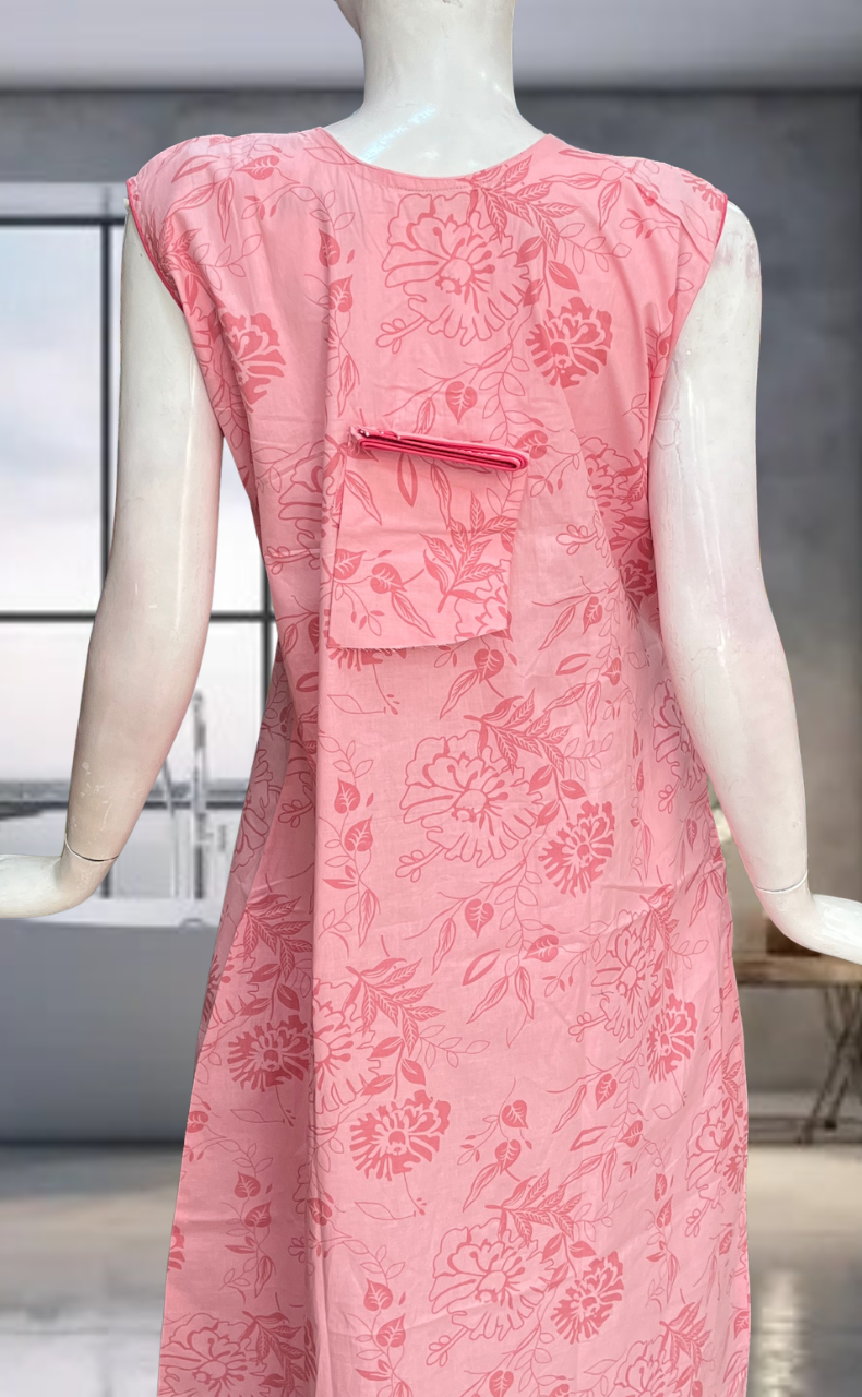 Pink Floral Pure Cotton Sleeveless Nighty. Pure Durable Cotton | Laces and Frills