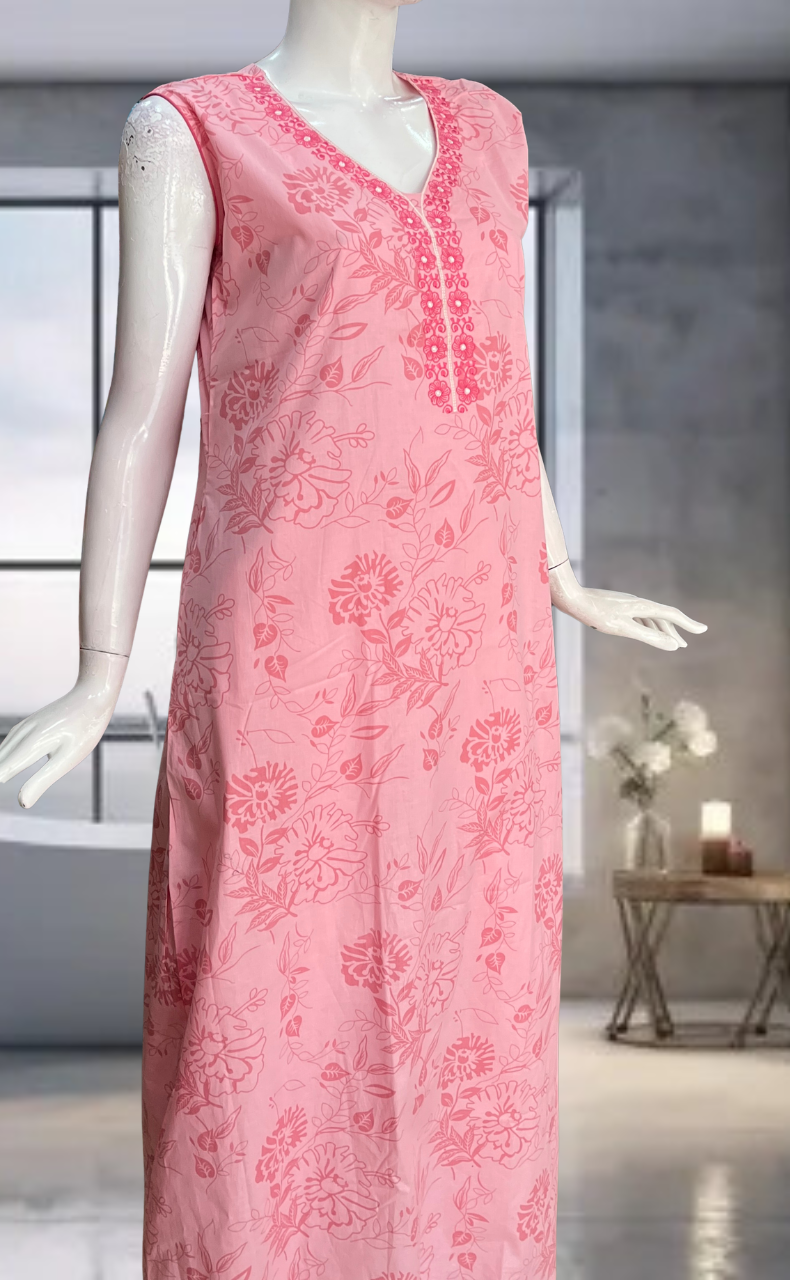Pink Floral Pure Cotton Sleeveless Nighty. Pure Durable Cotton | Laces and Frills