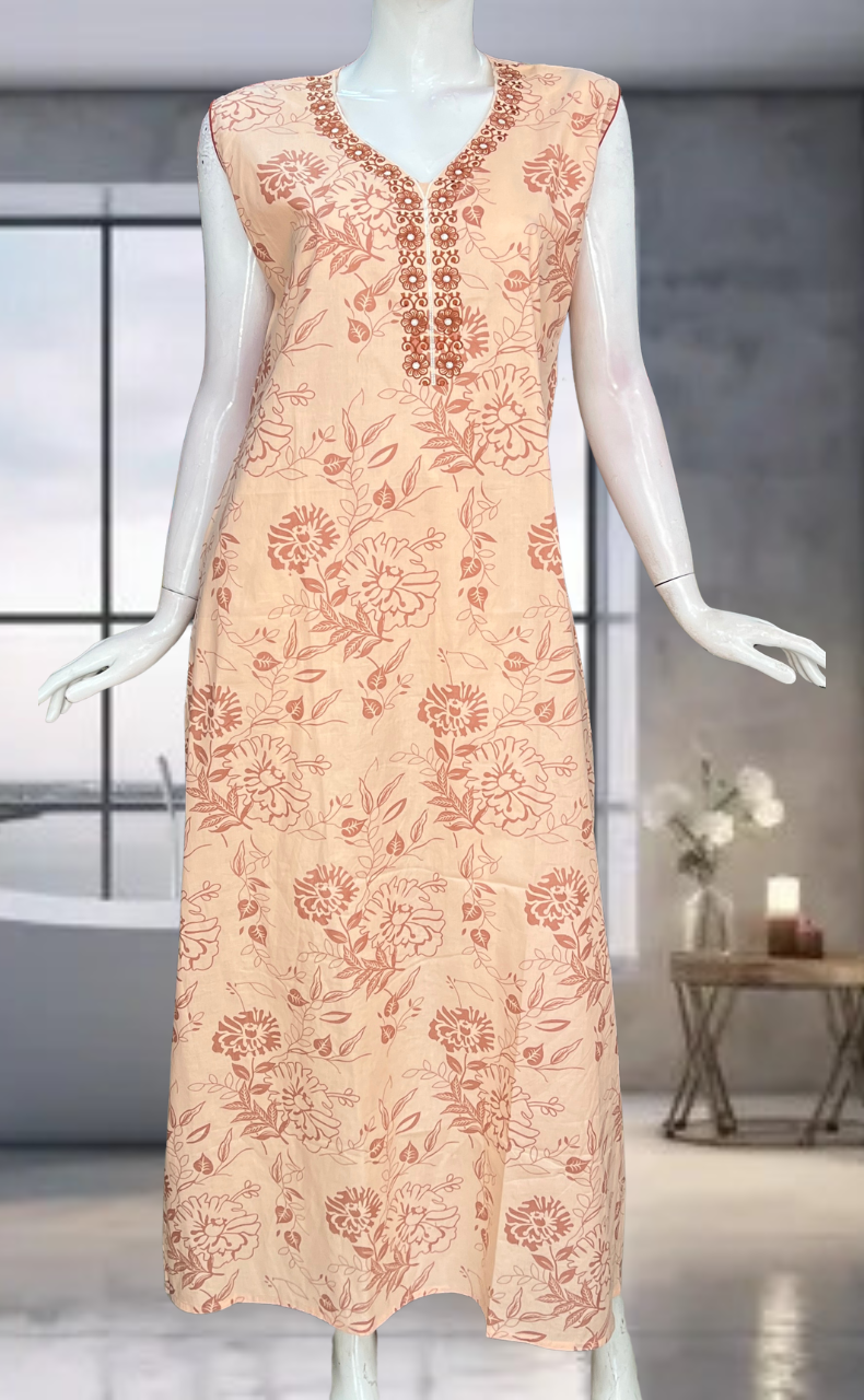 Peach Floral Pure Cotton Sleeveless Nighty. Pure Durable Cotton | Laces and Frills