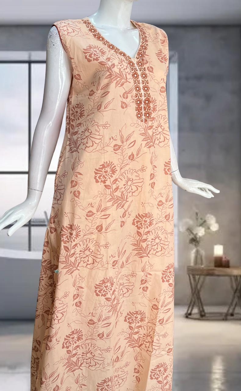 Peach Floral Pure Cotton Sleeveless Nighty. Pure Durable Cotton | Laces and Frills