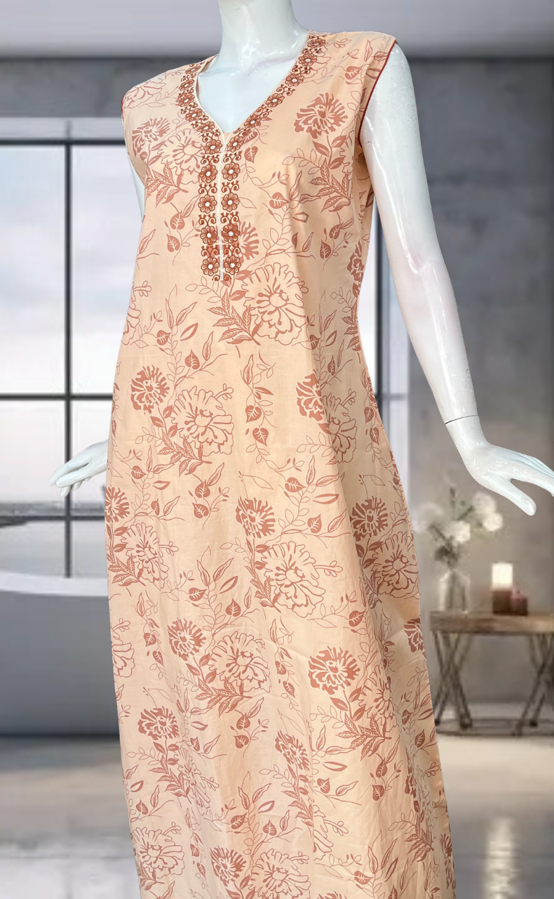 Peach Floral Pure Cotton Sleeveless Nighty. Pure Durable Cotton | Laces and Frills