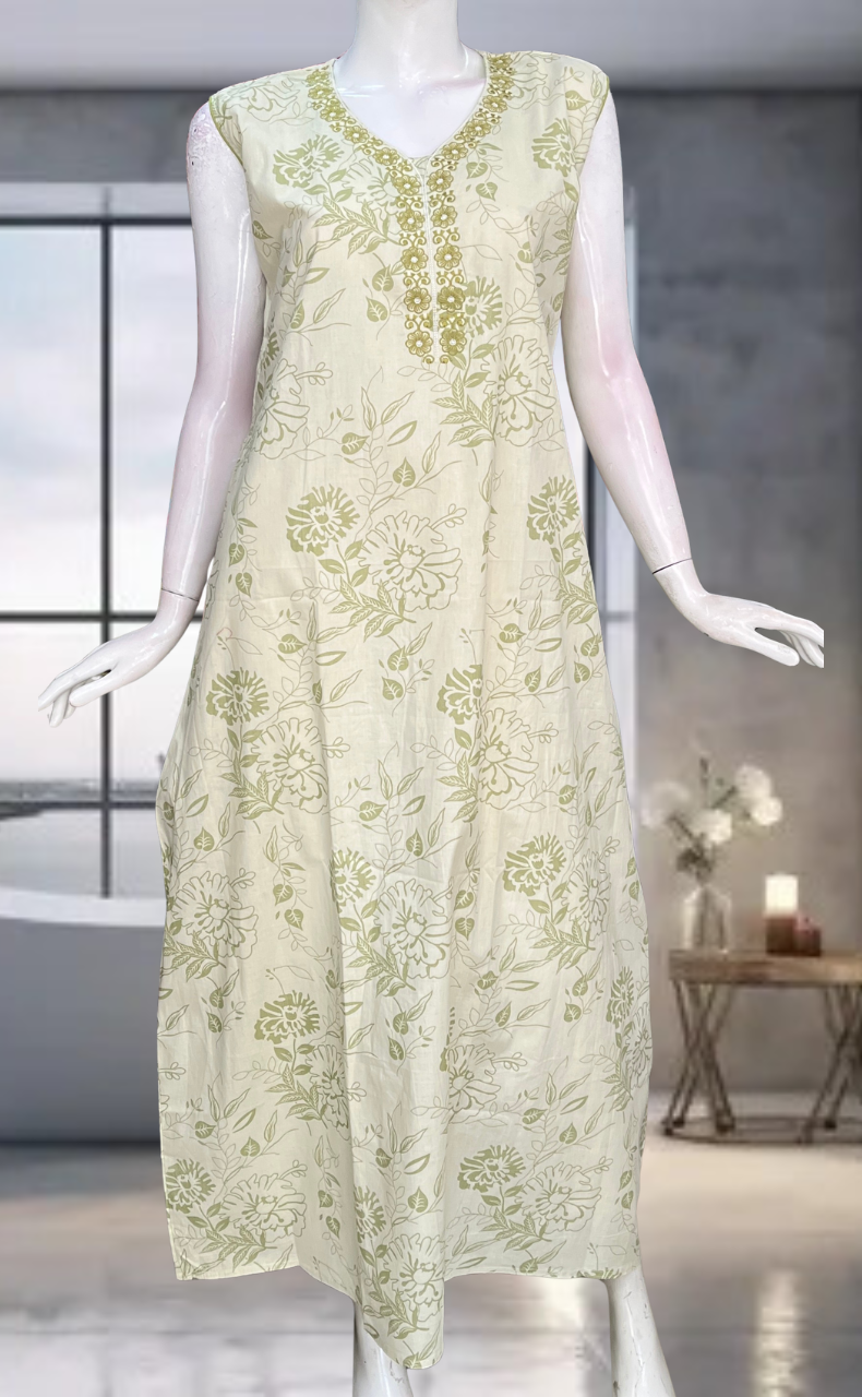 Pista Green Floral Pure Cotton Sleeveless Nighty. Pure Durable Cotton | Laces and Frills