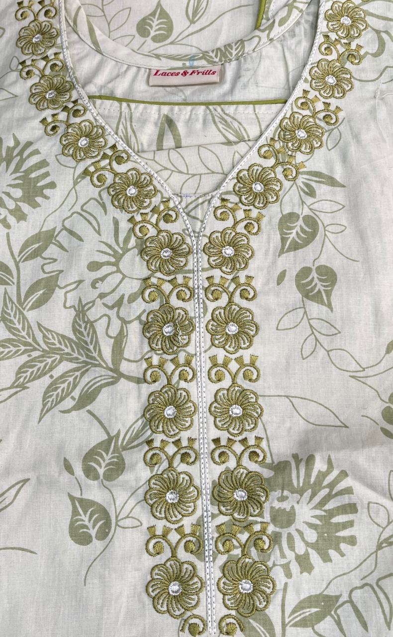 Pista Green Floral Pure Cotton Sleeveless Nighty. Pure Durable Cotton | Laces and Frills