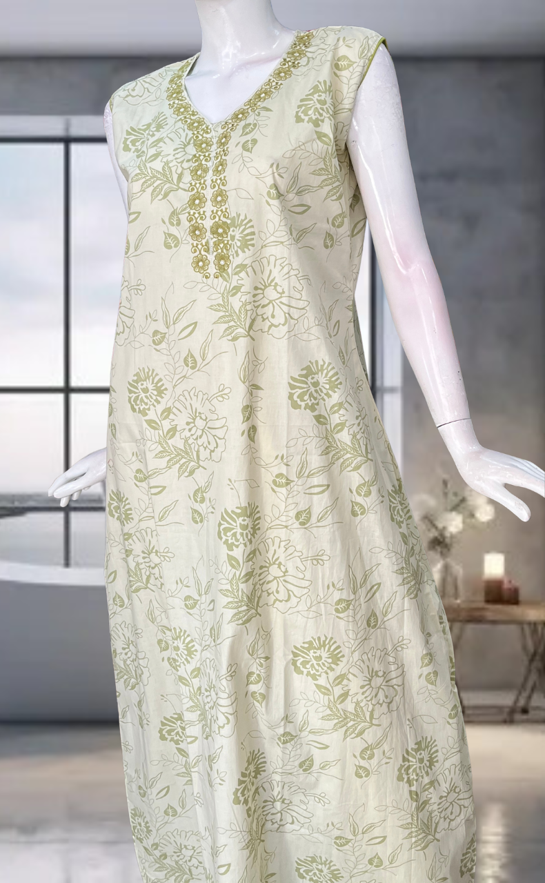 Pista Green Floral Pure Cotton Sleeveless Nighty. Pure Durable Cotton | Laces and Frills