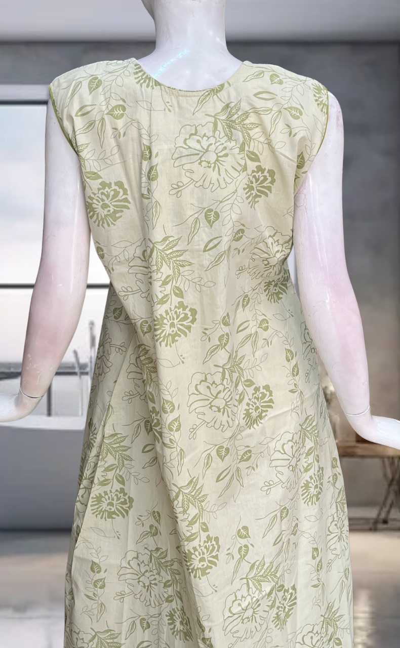 Pista Green Floral Pure Cotton Sleeveless Nighty. Pure Durable Cotton | Laces and Frills