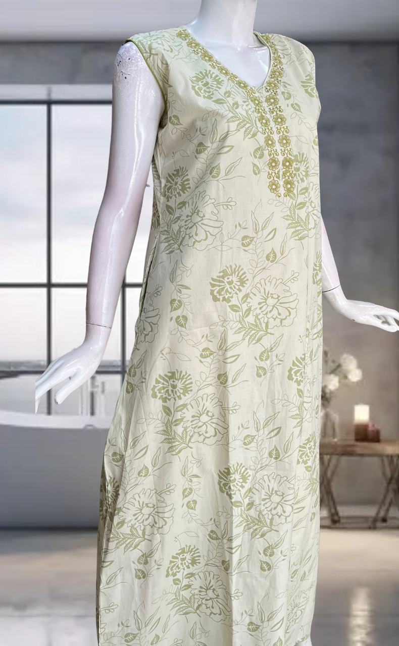 Pista Green Floral Pure Cotton Sleeveless Nighty. Pure Durable Cotton | Laces and Frills