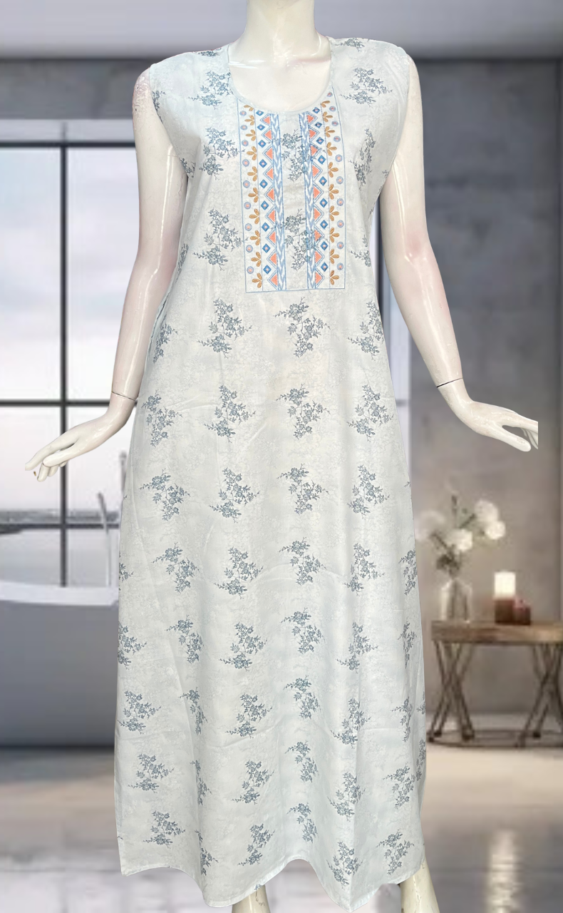 Light Blue Floral Pure Cotton Sleeveless Nighty. Pure Durable Cotton | Laces and Frills